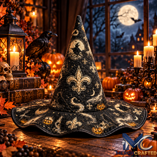 New Orleans Saints Halloween Witch Hat Quilted Fleur De Lis Pumpkin Moon Costume Hat
