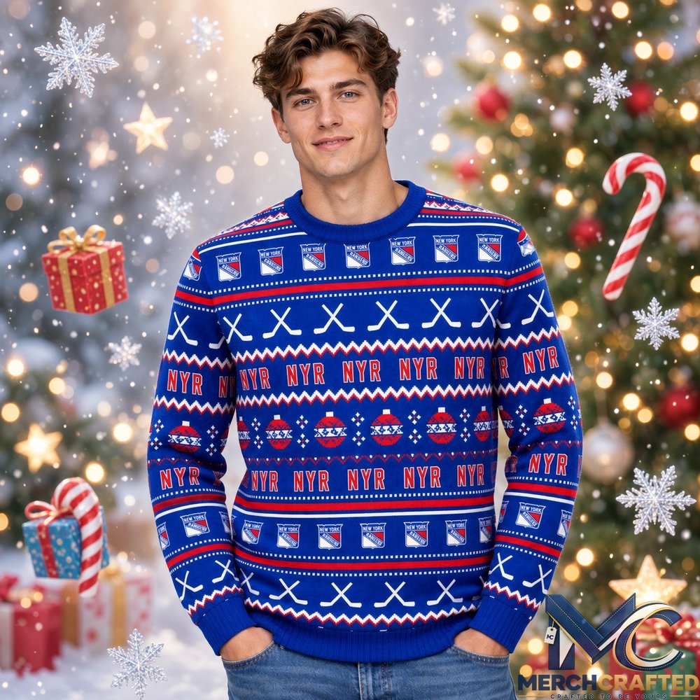 New York Rangers Hockey Team 2026 Ugly Christmas Sweater Mens Blue Holiday Knit Pullover