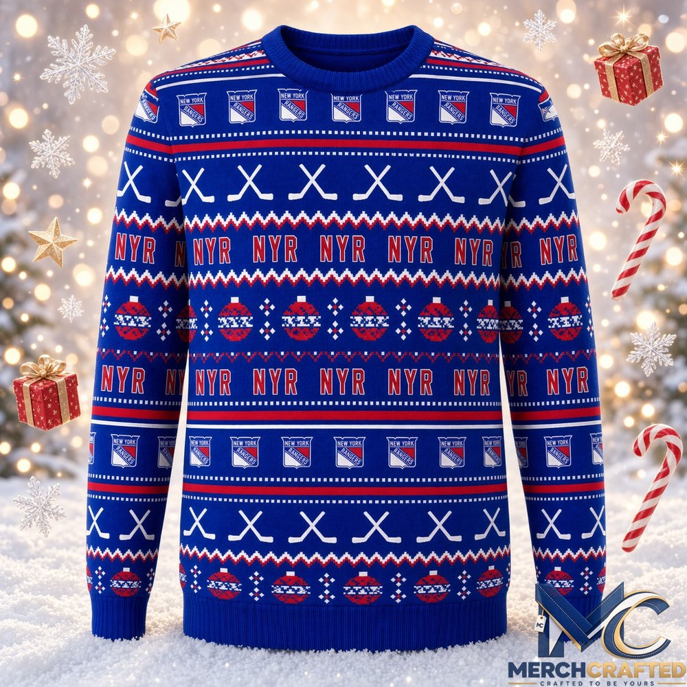 New York Rangers Hockey Team 2026 Ugly Christmas Sweater Mens Blue Holiday Knit Pullover