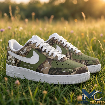 Noah Kahan The Great Divide Tour 2026 Custom Camo Nike Air Force 1 Sneakers Olive Low Top Shoes