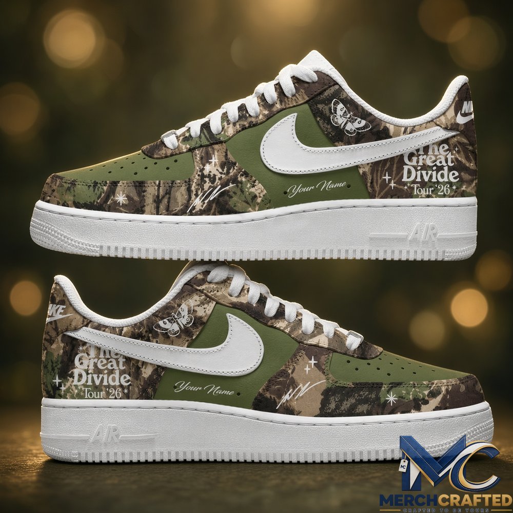 Noah Kahan The Great Divide Tour 2026 Custom Camo Nike Air Force 1 Sneakers Olive Low Top Shoes