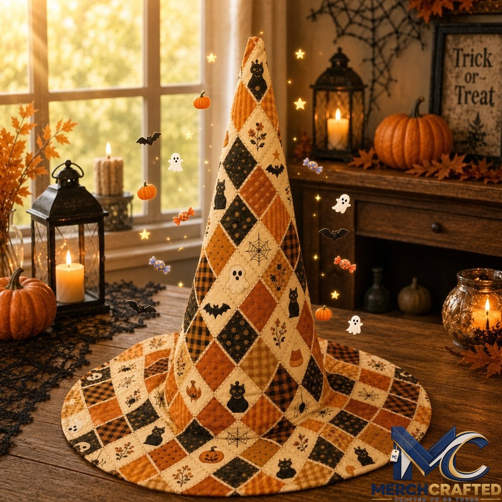 Orange Black Argyle Halloween 2026 Limited Quilted Witch Hat Costume Hat