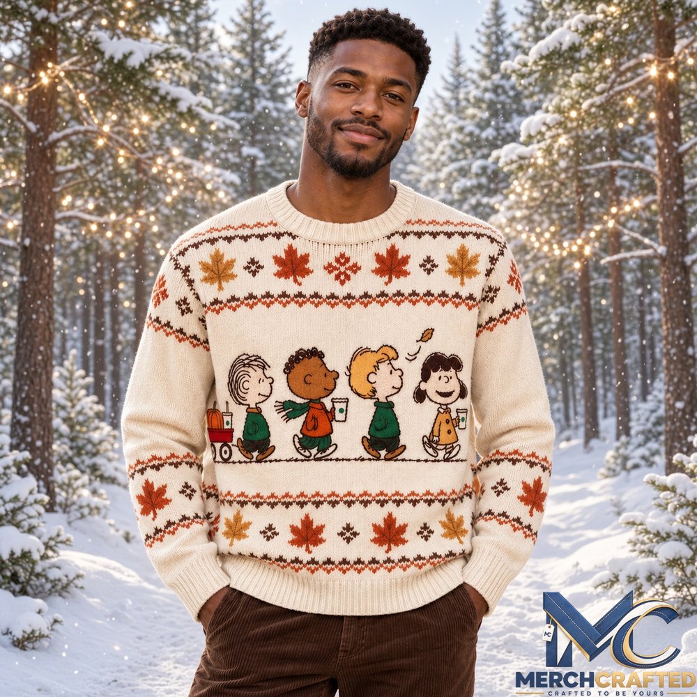 Peanuts Snoopy Autumn 2026 Ugly Christmas Sweater  Peanuts Gang Maple Leaf Knit Sweater for Holiday and Fall Fans