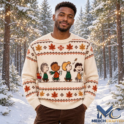 Peanuts Snoopy Autumn 2026 Ugly Christmas Sweater  Peanuts Gang Maple Leaf Knit Sweater for Holiday and Fall Fans