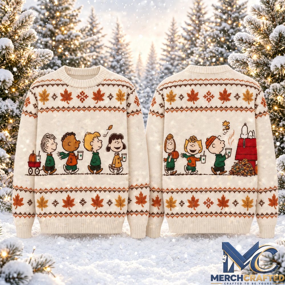 Peanuts Snoopy Autumn 2026 Ugly Christmas Sweater  Peanuts Gang Maple Leaf Knit Sweater for Holiday and Fall Fans
