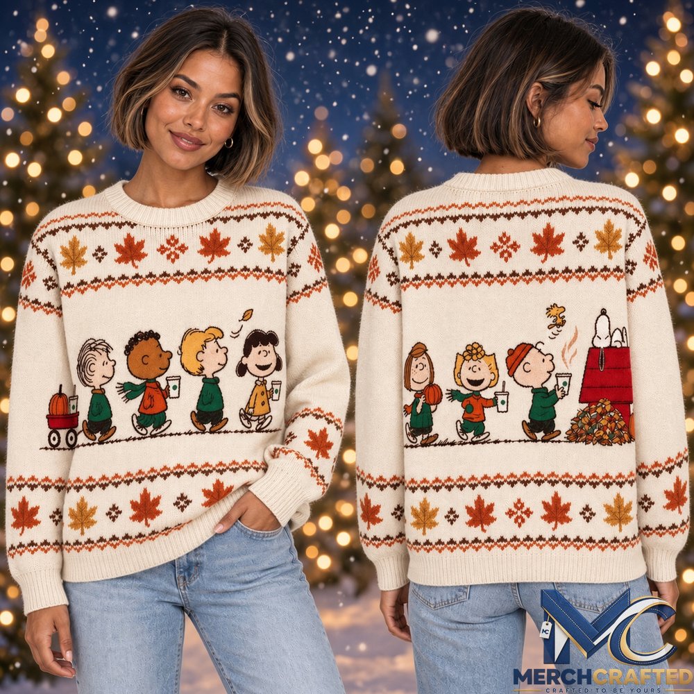 Peanuts Snoopy Autumn 2026 Ugly Christmas Sweater  Peanuts Gang Maple Leaf Knit Sweater for Holiday and Fall Fans