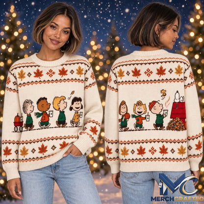 Peanuts Snoopy Autumn 2026 Ugly Christmas Sweater  Peanuts Gang Maple Leaf Knit Sweater for Holiday and Fall Fans