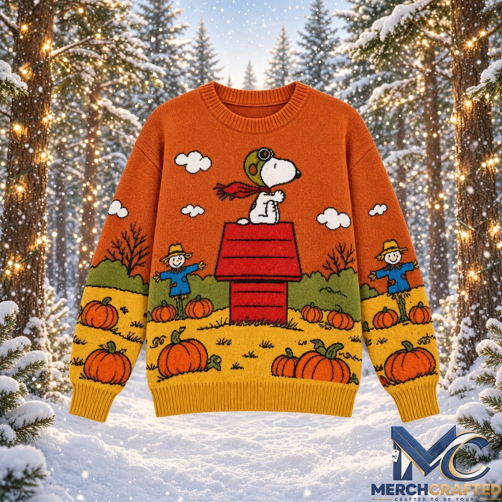 Peanuts Snoopy Flying Ace Pumpkin Patch 2026 Ugly Christmas Sweater – Knit Design with Snoopy Pilot on Red Doghouse, Scarecrows, Pumpkins and Fall Field for Holiday Gift
