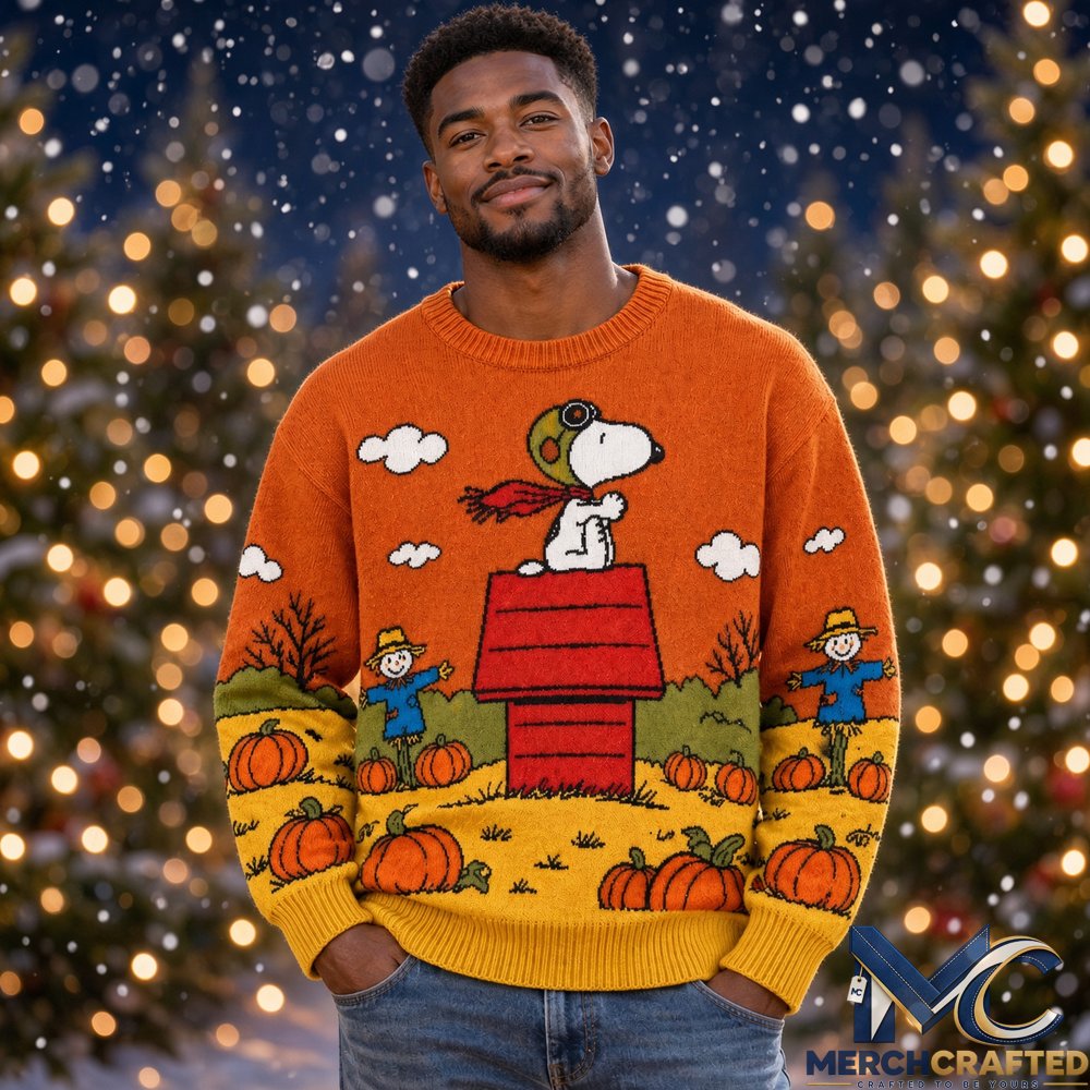 Peanuts Snoopy Flying Ace Pumpkin Patch 2026 Ugly Christmas Sweater – Knit Design with Snoopy Pilot on Red Doghouse, Scarecrows, Pumpkins and Fall Field for Holiday Gift