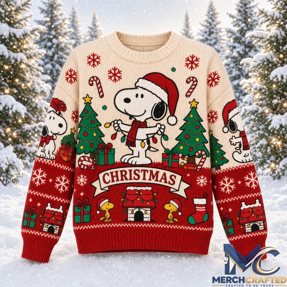 Peanuts Snoopy Winter 2026 Ugly Christmas Sweater – Knit Design with Snoopy in Santa Hat Holding Lights, Christmas Trees, Gifts, Woodstock, Doghouse and CHRISTMAS Banner for Holiday Gift