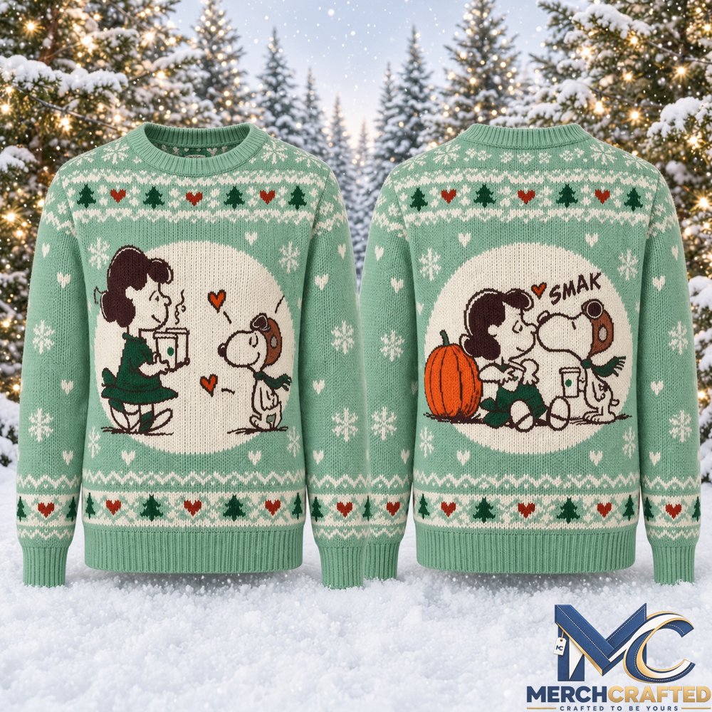 Peanuts Snoopy and Lucy Van Pelt Coffee Date 2026 Ugly Christmas Sweater  Cute Comic Christmas Graphic Sweater for Peanuts Fans