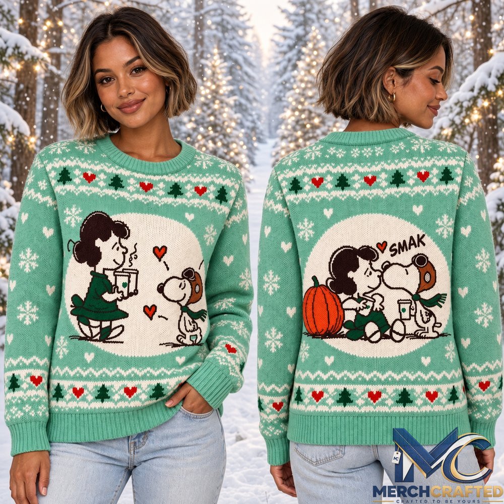 Peanuts Snoopy and Lucy Van Pelt Coffee Date 2026 Ugly Christmas Sweater  Cute Comic Christmas Graphic Sweater for Peanuts Fans