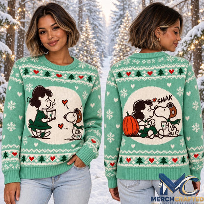 Peanuts Snoopy and Lucy Van Pelt Coffee Date 2026 Ugly Christmas Sweater  Cute Comic Christmas Graphic Sweater for Peanuts Fans