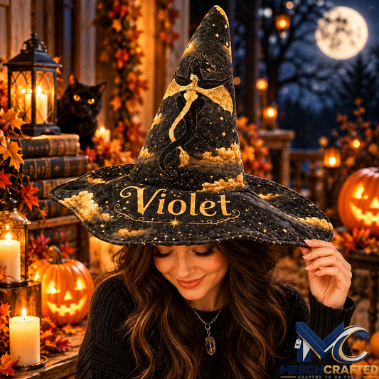 Personalized Golden Dragon Quilted Witch Hat with Custom Name for Halloween Costume