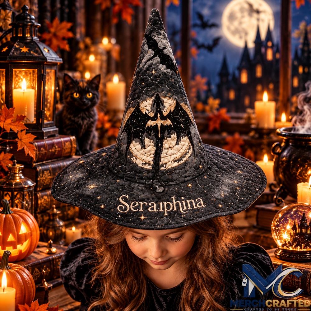 Personalized Gothic Dragon Moon Quilted Witch Hat Halloween Costume for Kids