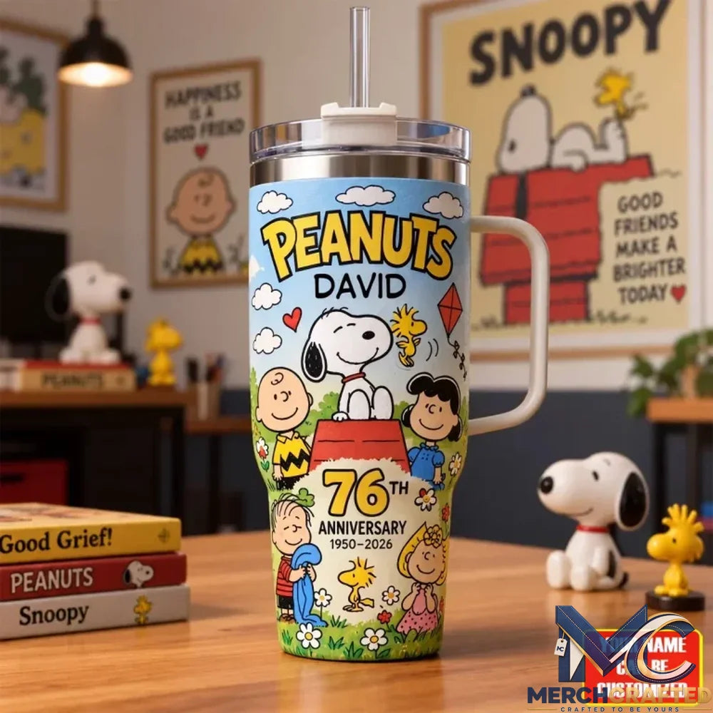 Personalized Peanuts Snoopy x Friends 76th Anniversary 40oz Tumbler With Handle – Custom Name Gift