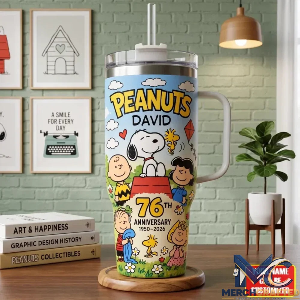 Personalized Peanuts Snoopy x Friends 76th Anniversary 40oz Tumbler With Handle – Custom Name Gift