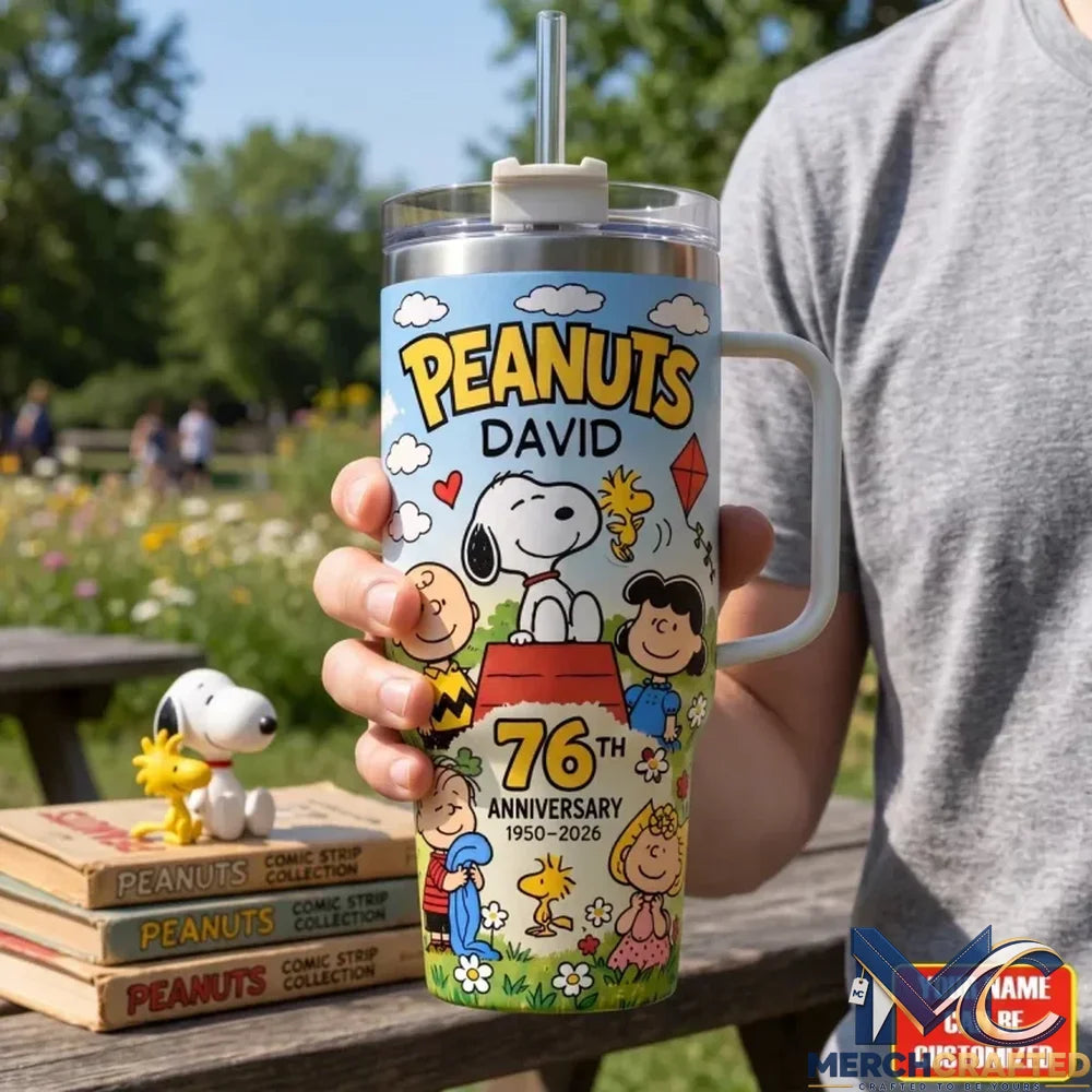 Personalized Peanuts Snoopy x Friends 76th Anniversary 40oz Tumbler With Handle – Custom Name Gift