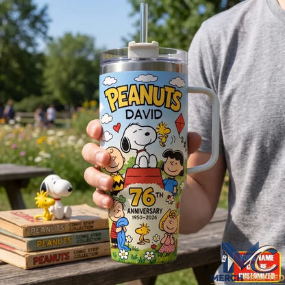 Personalized Peanuts Snoopy x Friends 76th Anniversary 40oz Tumbler With Handle – Custom Name Gift
