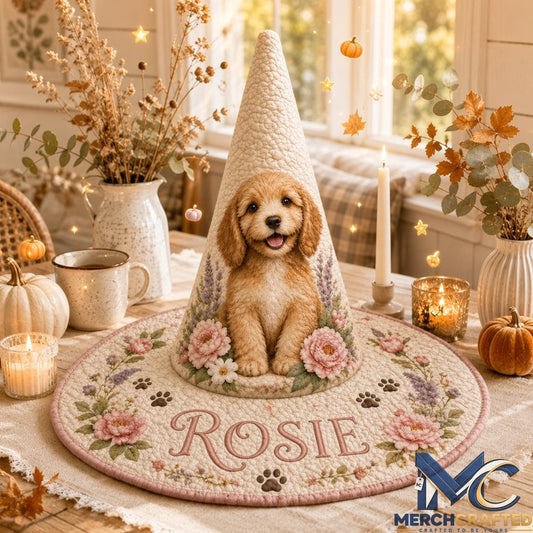 Personalized Puppy Floral Cottagecore Limited Edition Quilted Witch Hat Custom Name Costume Hat