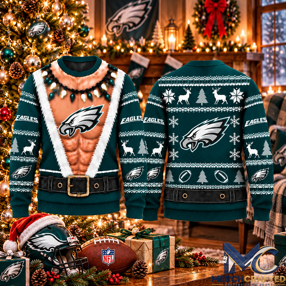 Philadelphia Eagles Ugly Christmas Sweater, Funny Muscle Santa Football Sweater, Christmas Gift for Eagles Fans