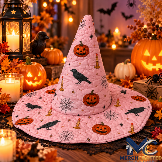 Pink Pumpkin Raven Halloween Quilted Witch Hat for Women