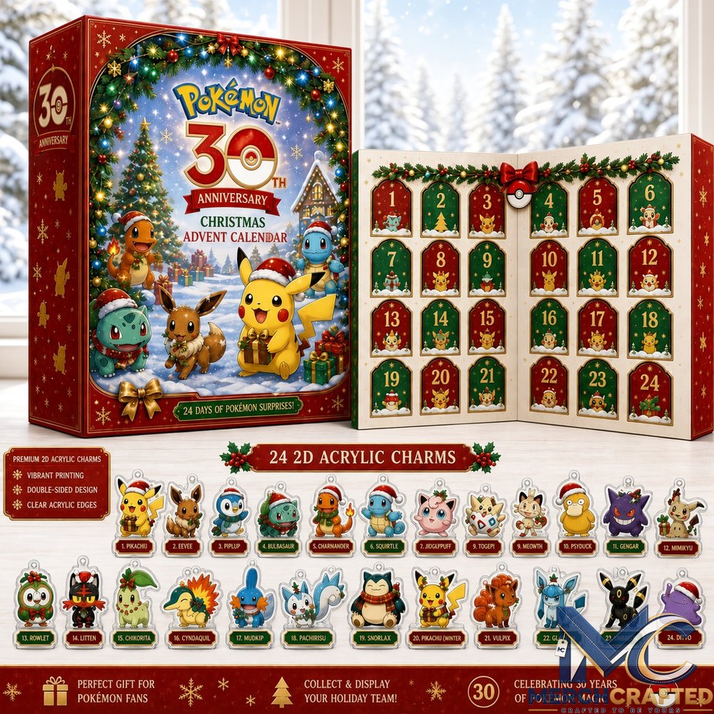 Pokemon Merch 30th Anniversary Christmas Advent Calendar 2026 Gift For Pokemon Fans  24 2D Acrylic Charms