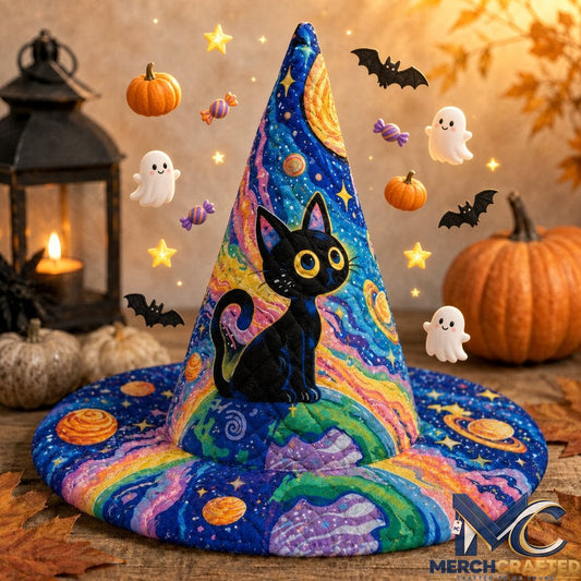 Psychedelic Black Cat Celestial Limited Edition Quilted Witch Hat Halloween Costume Hat