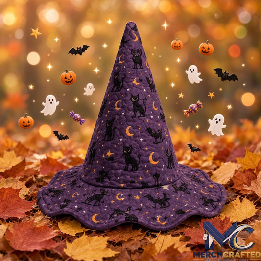 Purple Black Cat Moon Halloween 2026 Limited Quilted Witch Hat Costume Hat