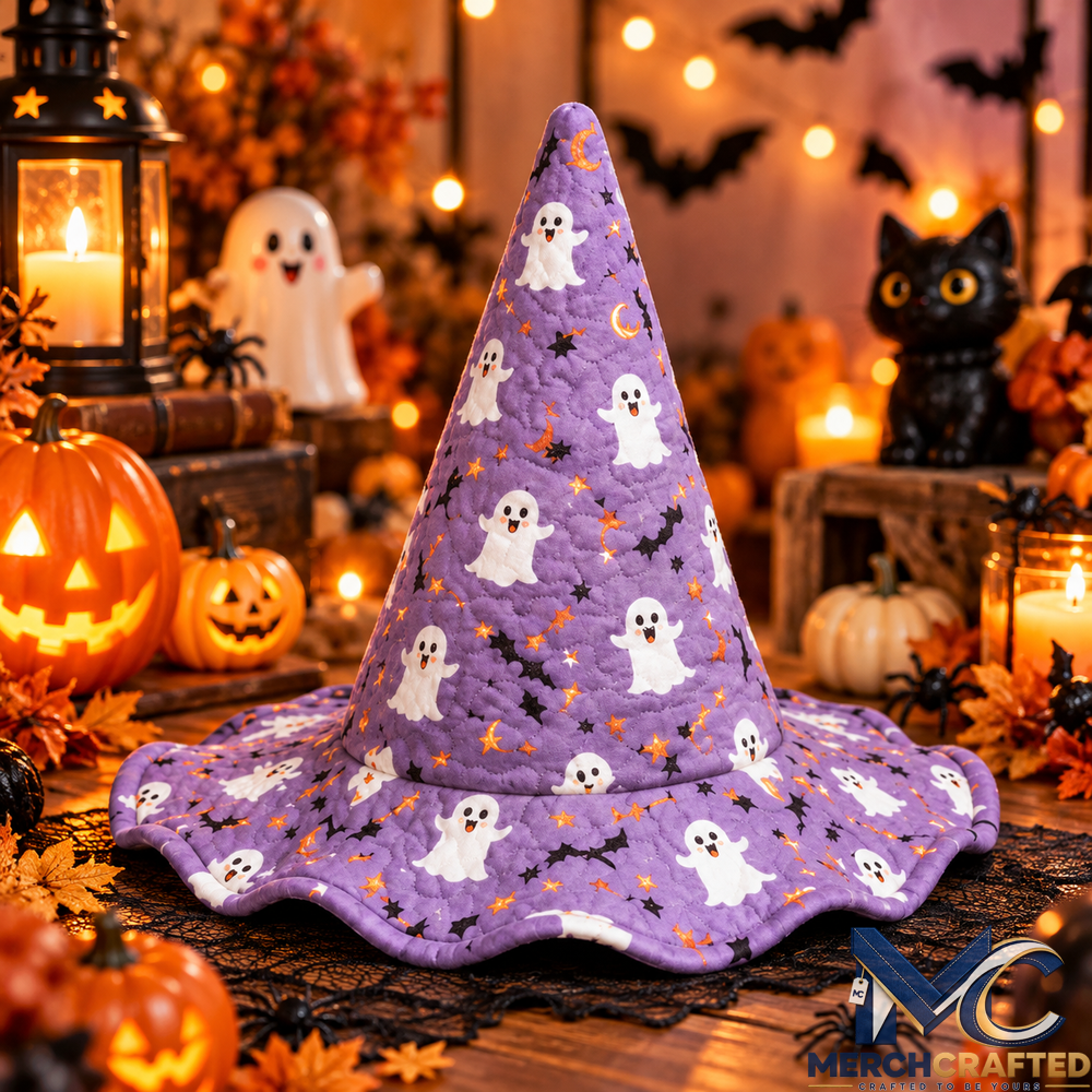 Purple Cute Ghost Halloween Quilted Witch Hat for Women