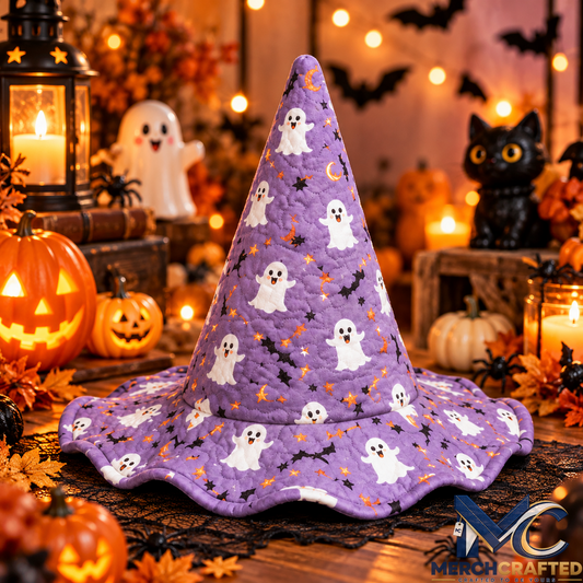 Purple Cute Ghost Halloween Quilted Witch Hat for Women