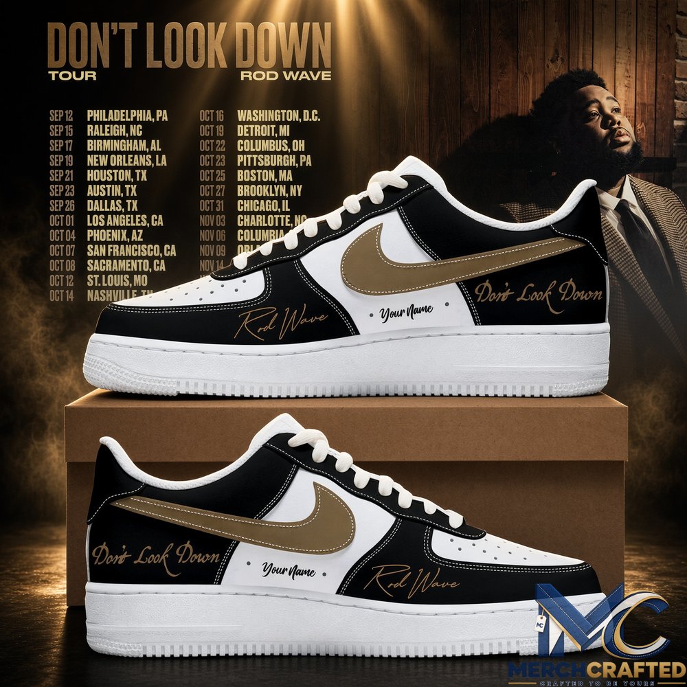 Rod Wave Don't Look Down 2026 Tour Custom Air Force 1 Sneakers – Black White Gold AF1