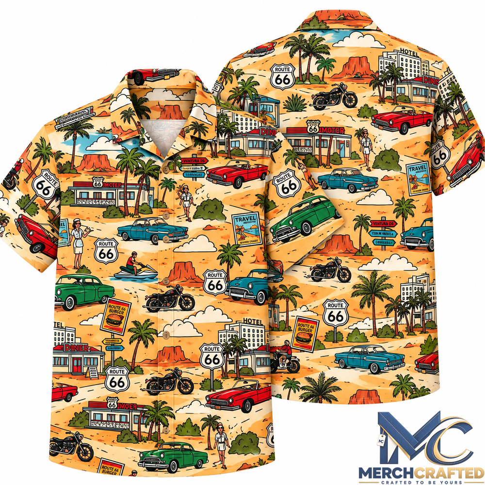 Route 66 Golden Road Trip Hawaiian Shirt Vintage Classic Car Desert Aloha Shirt