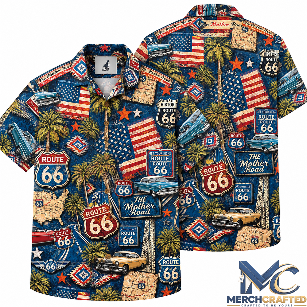 Route 66 Mother Road Vintage American Cars Hawaiian Shirt
