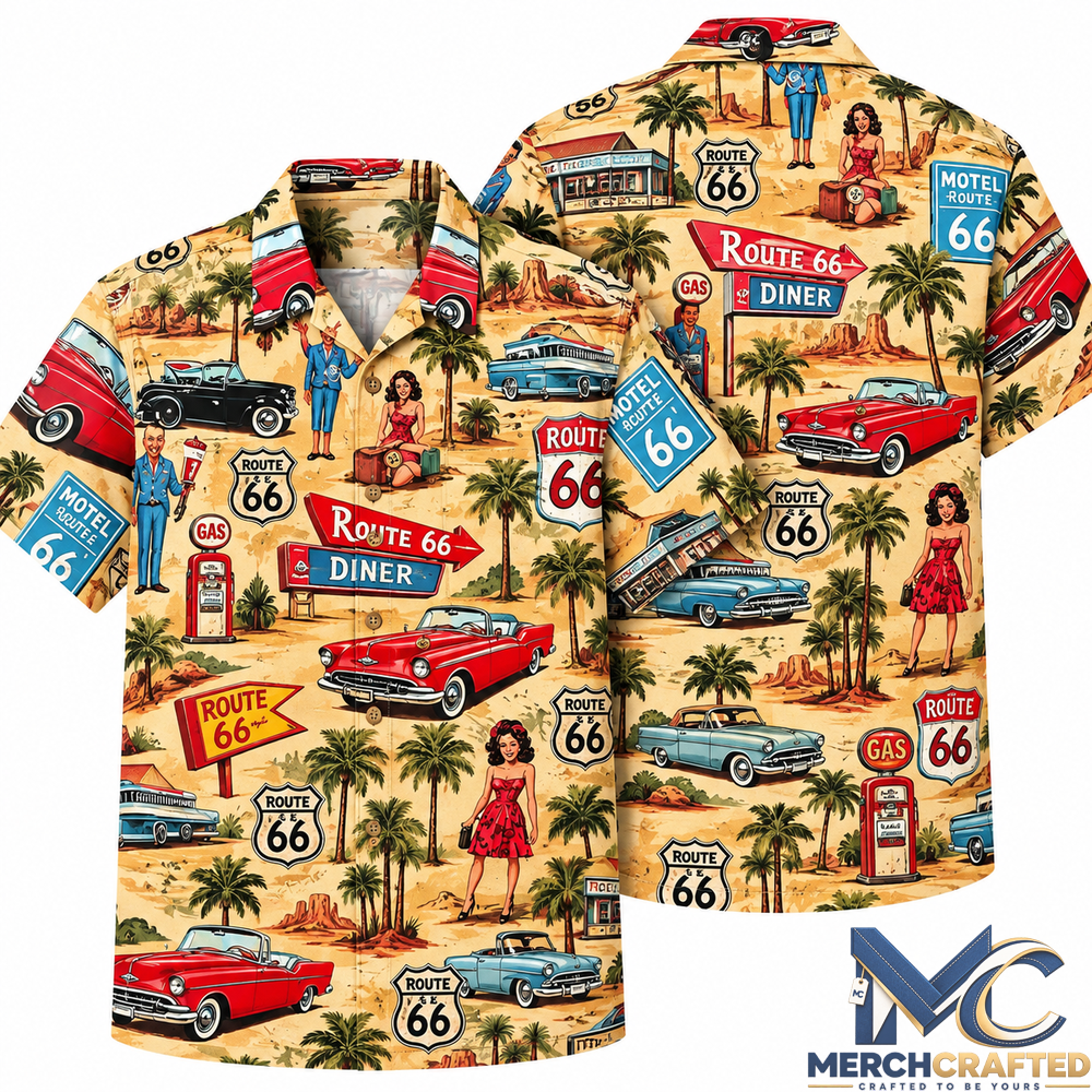 Route 66 Vintage American Road Trip Hawaiian Shirt Classic Car Retro Aloha Shirt
