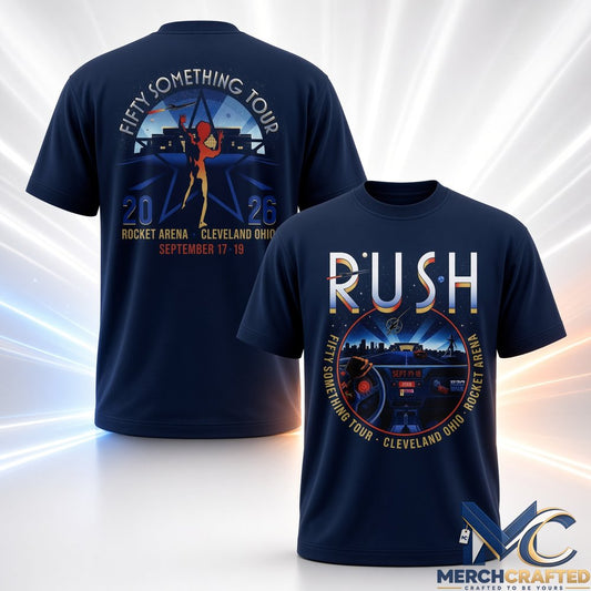 Rush Fifty Something Tour 2026 Cleveland T Shirt Navy Graphic Tee Rocket Arena