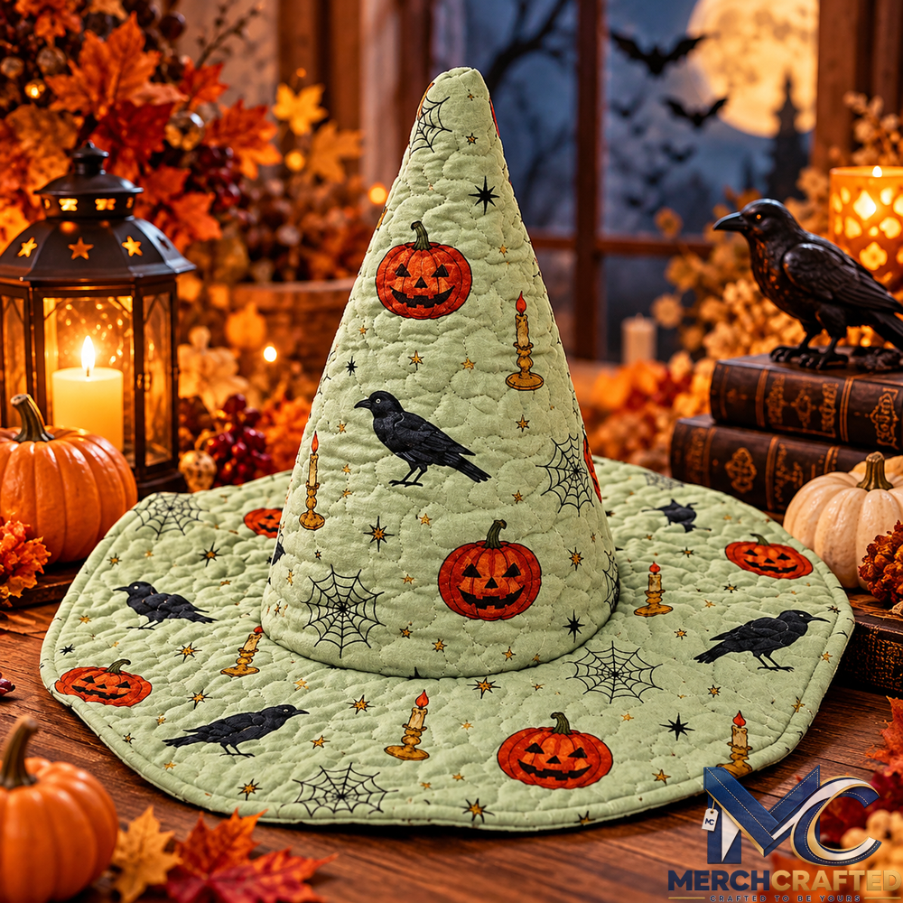Sage Green Pumpkin Raven Halloween Quilted Witch Hat for Women