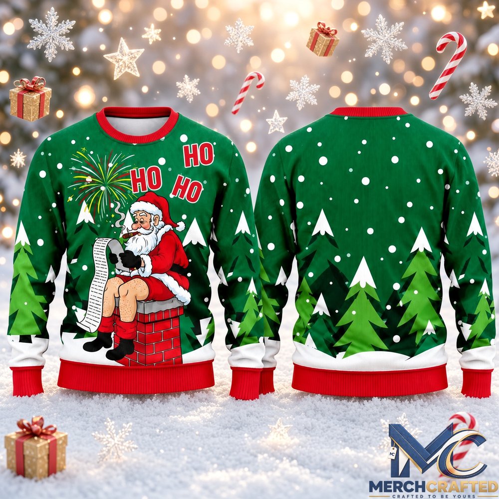 Santa Claus Ho Ho Ho Christmas 2026 Ugly Sweater Front and Back Green Knit Pullover
