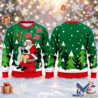 Santa Claus Ho Ho Ho Christmas 2026 Ugly Sweater Front and Back Green Knit Pullover