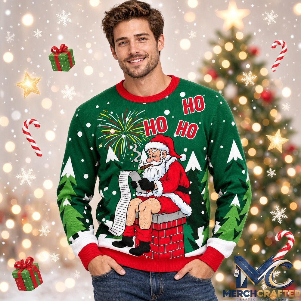 Santa Claus Ho Ho Ho Christmas 2026 Ugly Sweater Front and Back Green Knit Pullover