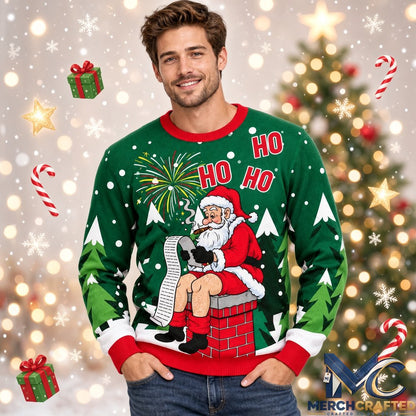 Santa Claus Ho Ho Ho Christmas 2026 Ugly Sweater Front and Back Green Knit Pullover