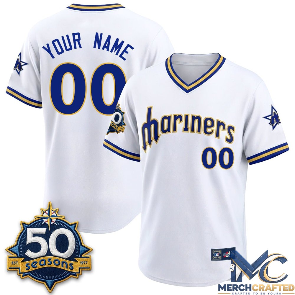 Seattle Mariners Legacy Edition Custom Jersey – White Home  Personalized Name & Number  50 Seasons Anniversary