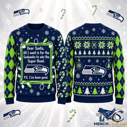 Seattle Seahawks Dear Santa All I Want Is Seahawks Win Super Bowl 2026 Ugly Sweater Navy Knit