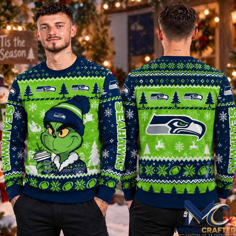 Seattle Seahawks NFL The Grinch Drink Coffee Ugly Christmas Sweater