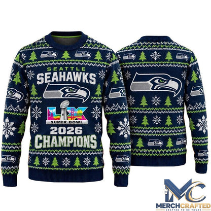 Seattle Seahawks Super Bowl LX Champions 2026 Ugly Christmas Sweater
