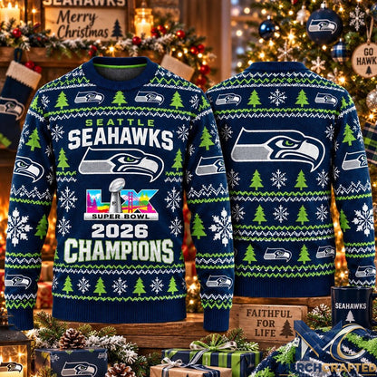 Seattle Seahawks Super Bowl LX Champions 2026 Ugly Christmas Sweater