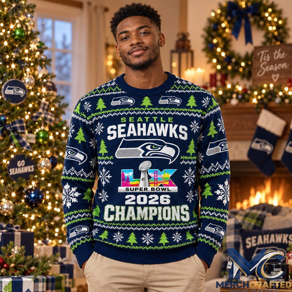 Seattle Seahawks Super Bowl LX Champions 2026 Ugly Christmas Sweater
