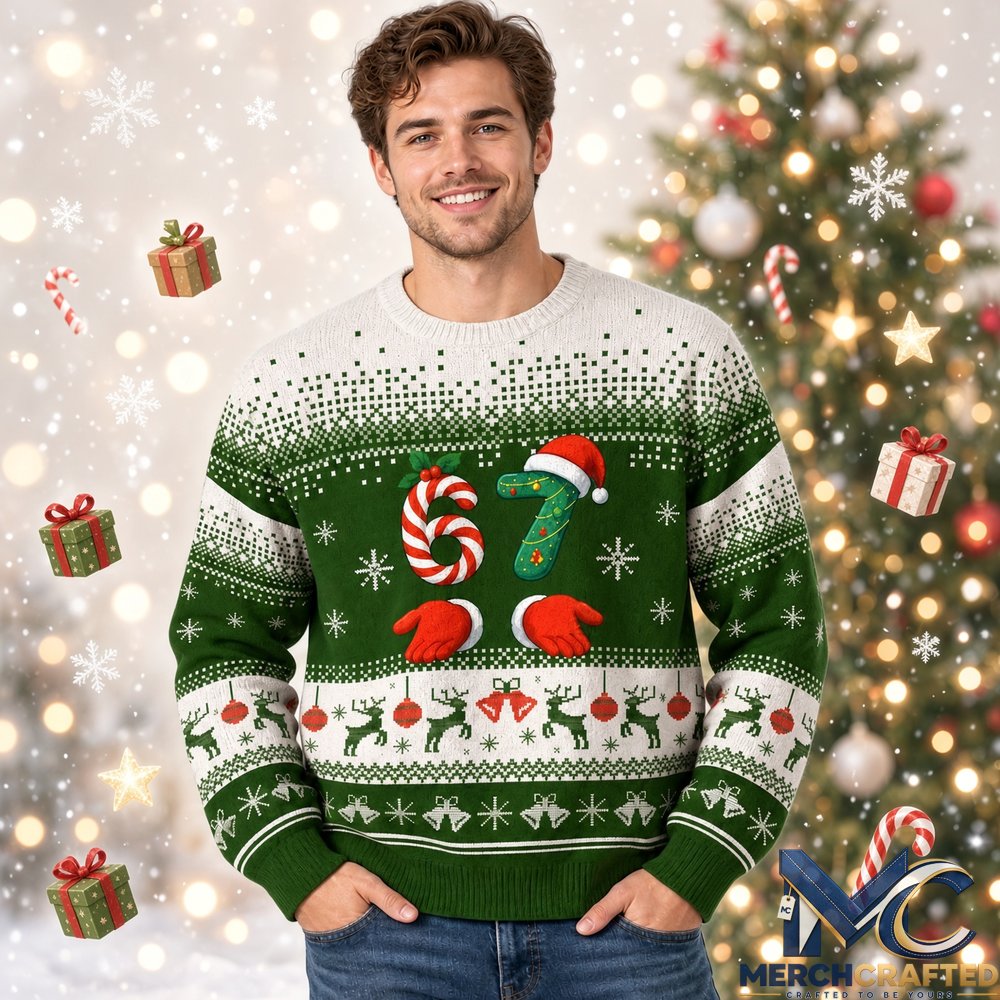 Six Seven Christmas 2026 Ugly Sweater Green White Knit Pullover