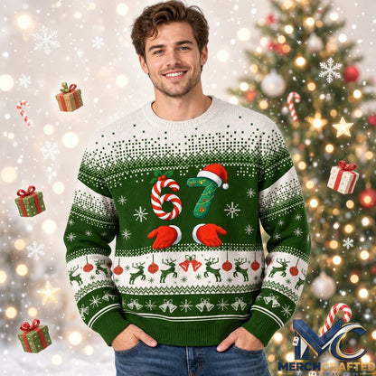 Six Seven Christmas 2026 Ugly Sweater Green White Knit Pullover