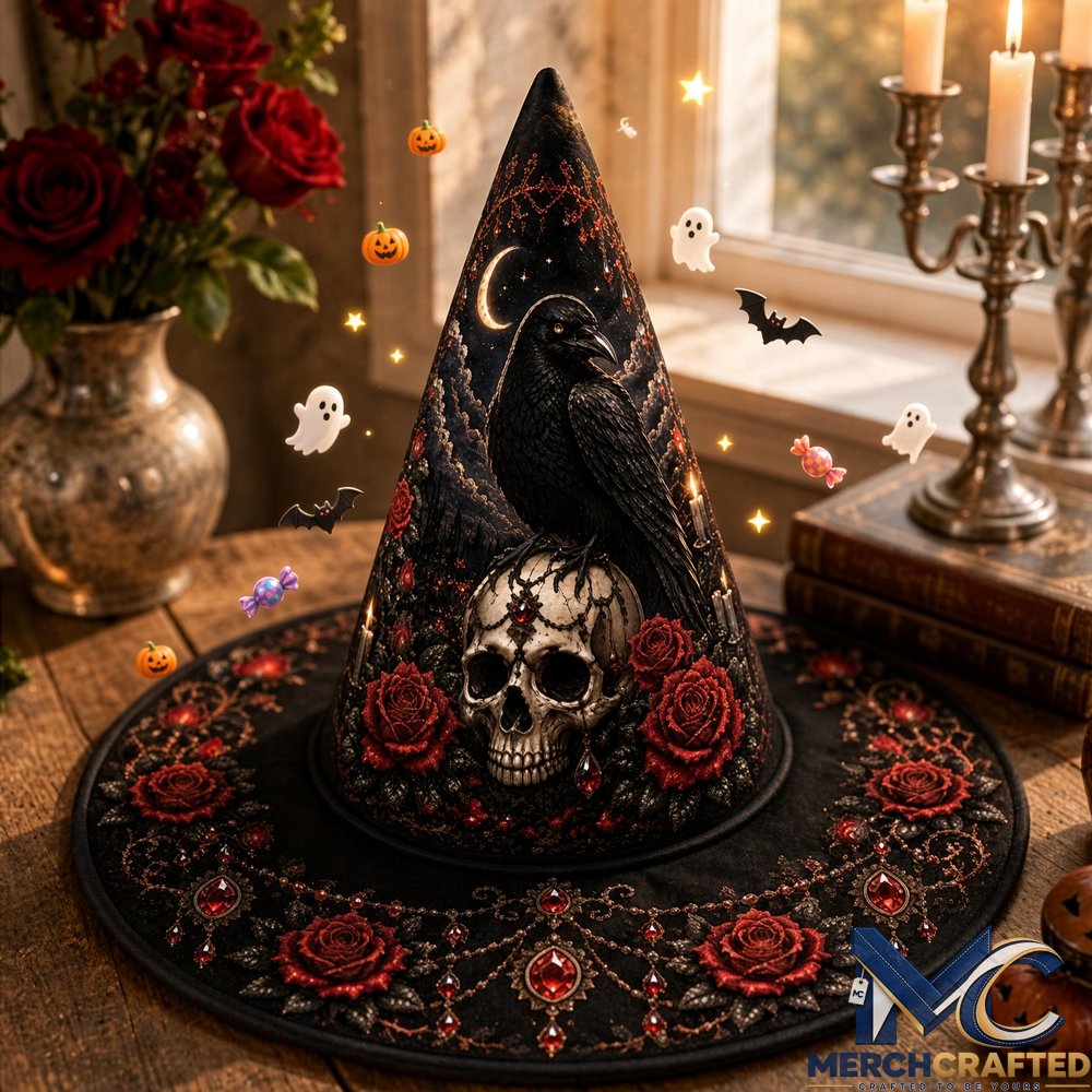 Skull Rose Gothic Halloween 2026 Limited Edition Quilted Witch Hat Black Costume Hat